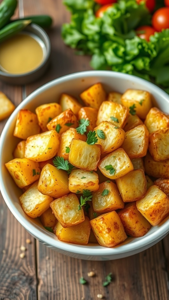Crispy air fryer potatoes in a bowl, garnished with herbs, ready for potato salad.